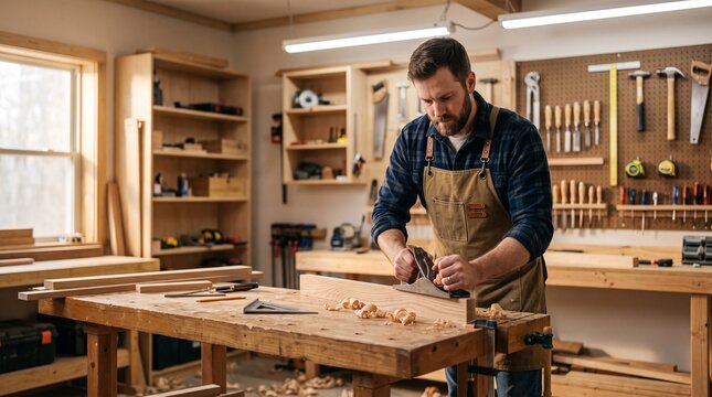 Professional carpenter using hand plane on wood plank in woodworking workshop for small business craftsmanship