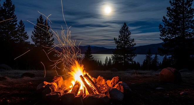 Night campfire under moonlit sky with lake and trees, creating a warm, inviting scene