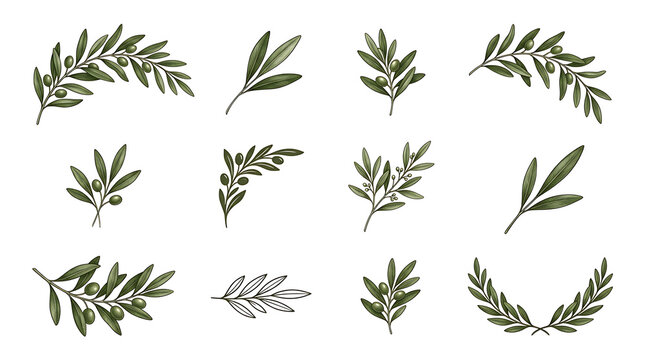 Olive leaf branch collection. Botanical vector set of hand drawn Mediterranean plant elements.