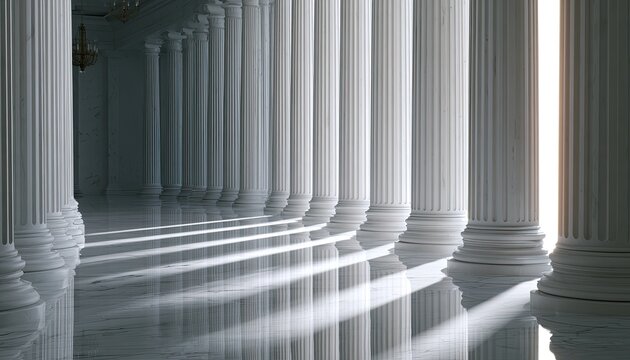 Sunlight streams through a grand hall lined with elegant columns, casting long shadows