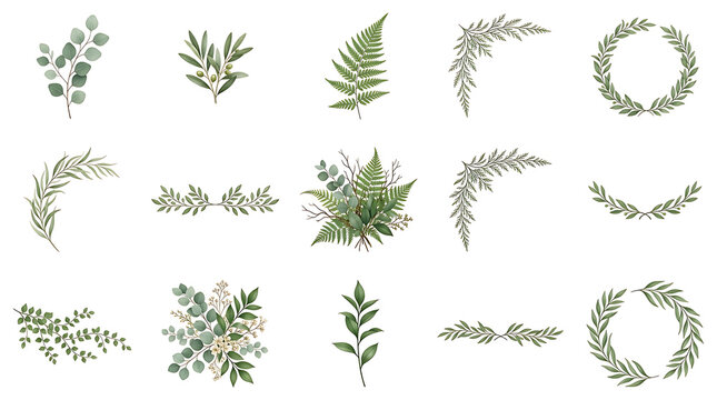 Minimal greenery botanical vector set. Floral leaves and branches for wedding invitations.