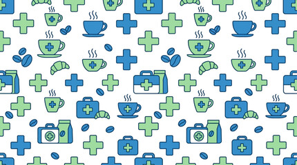 Fototapeta premium Seamless Vector Pattern of Medical First Aid Kits and Hot Coffee Cups for Healthcare Break Concept