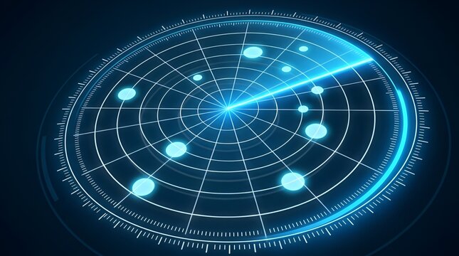 Circular radar screen display with a glowing blue scanning line and multiple circular targets on a dark grid, representing tracking systems