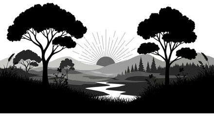 Landscape Scene With Trees And River Black Silhouette © sakib