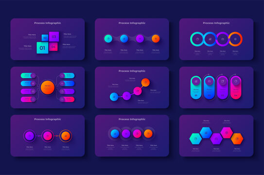 Set of nine dark process infographics with colorful gradient shapes