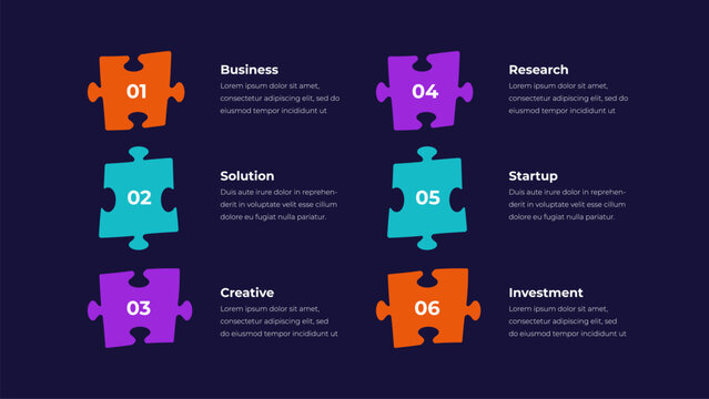 Business infographic of six puzzle pieces with key concept labels
