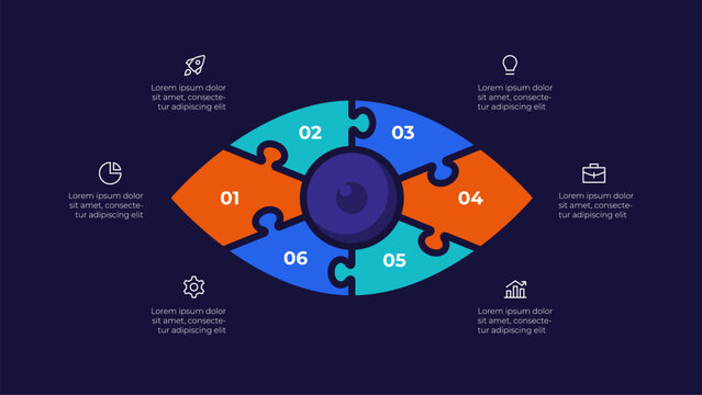 Business puzzle infographic forming an eye shape with six steps