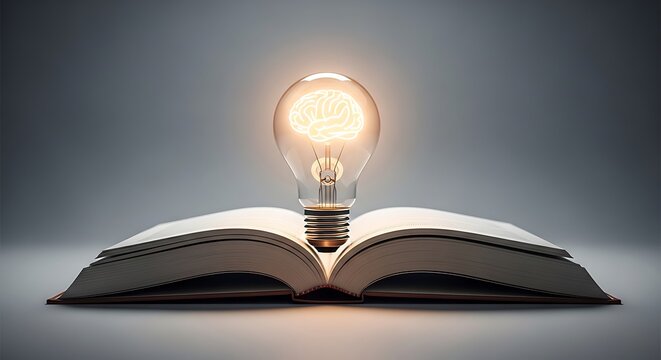 Open book beneath a glowing lightbulb shaped as a brain, representing knowledge and ideas