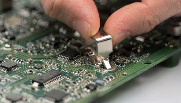 Closeup of hands installing a clipon EMI shield can onto sensitive radio frequency circuitry demonstrating quick and efficient metal shielding for optimal device performance.