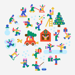 Fototapeta premium Flat winter holiday activity set with skating, sledding, skiing, snow games, Christmas gifts, decorated tree, market stall and festive characters isolated on white