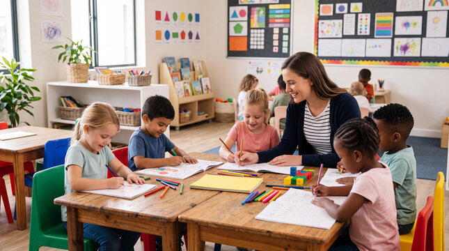 Friendly female teacher helping a diverse group of young children coloring workbooks at wooden tables in a bright creative classroom, primary education, group learning activity creativ.
