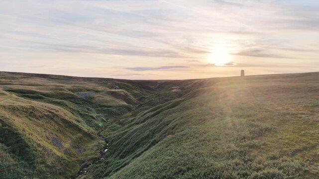 Abandoned Ruins of Tower on Hardcastle Moor on a Hill at Sunset - 100 years Old