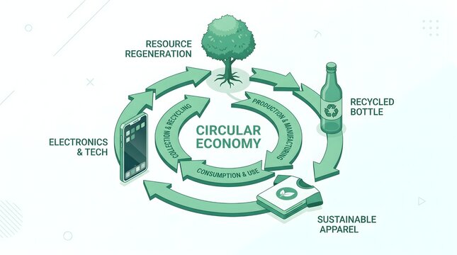 Circular Economy Diagram with Isometric Recycled Bottle T-Shirt Smartphone and Tree Vector Illustration