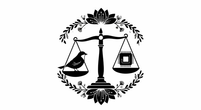 Scales of justice balancing a bird against a computer chip, symbolizing nature versus technology