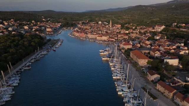 Aerial Stari Grad Old Town Harbor Bay Sunset Hvar Island Croatia