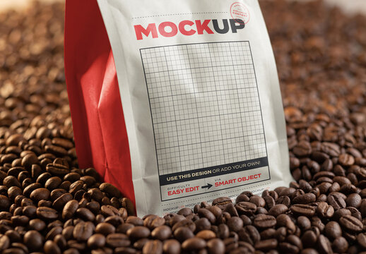 Coffee Bag on Coffee Beans Packaging Mockup
