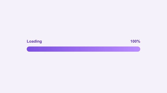 animated gradient progress bar loading to one hundred percent with a percentage counter, violet color scheme