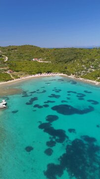 Vertical Aerial Sandy Beach Turquoise Lagoon Seagrass Korcula Island Croatia