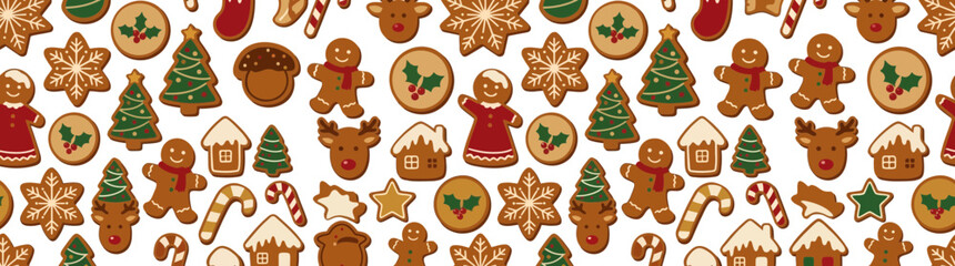 Fototapeta premium Seamless pattern of festive holiday gingerbread cookies on white background