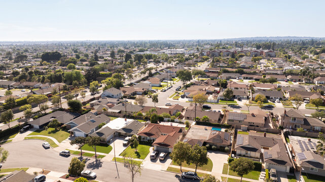 Aerial view of single family homes in a neighborhood of Yorba Linda, California, USA.