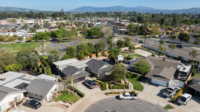 Aerial view of single family homes in a neighborhood of Yorba Linda, California, USA.