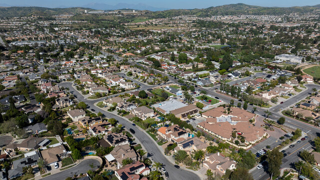 Aerial view of single family homes in a neighborhood of Yorba Linda, California, USA.