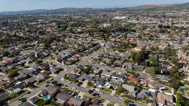 Aerial view of single family homes in a neighborhood of Yorba Linda, California, USA.