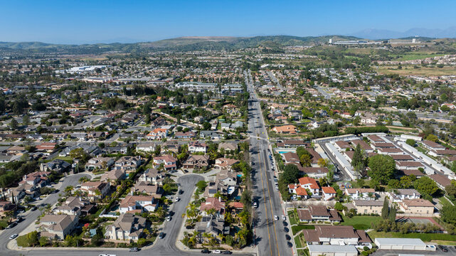 Aerial view of single family homes in a neighborhood of Yorba Linda, California, USA.