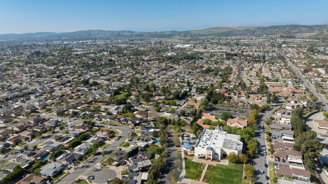Aerial view of single family homes in a neighborhood of Yorba Linda, California, USA.