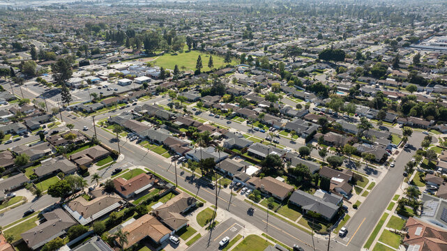 Aerial view of single family homes in a neighborhood of Yorba Linda, California, USA.