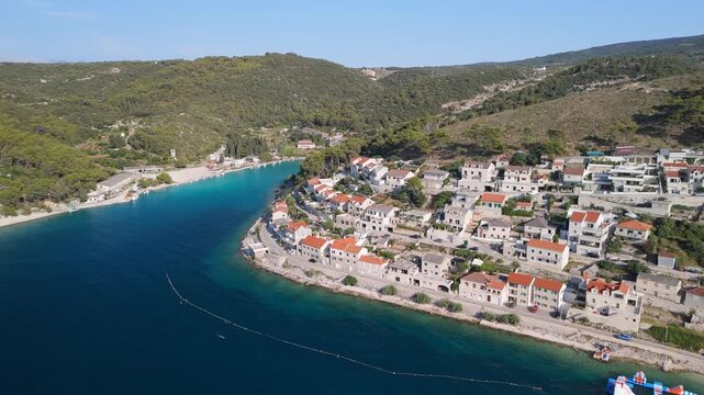 Aerial Pucisca Turquoise Inlet Beach Waterfront Houses Brac Island Croatia
