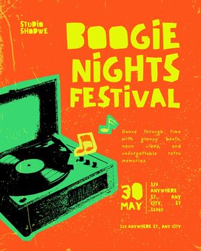Retro Boogie Nights Festival, vintage music event poster, record player