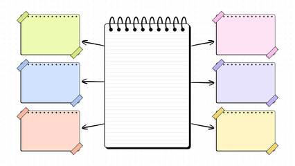 Notepaper sheets with washi tape vector illustration on black dotted background lined paper memo pad writing stationery office supplies decorative adhesive pastel colors © md maruf 