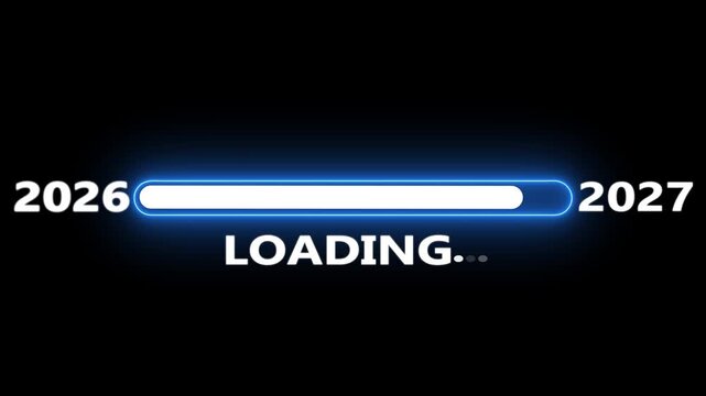 New year 2027 loading bar animation Year changing from 2026 to 2027. Loading bar from 2026 to 2027 new year transfer animation. Almost reaching New Year on black background.