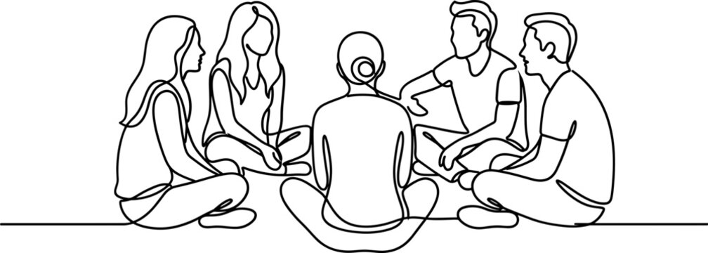 Continuous line art of a group of young people sitting in a circle.