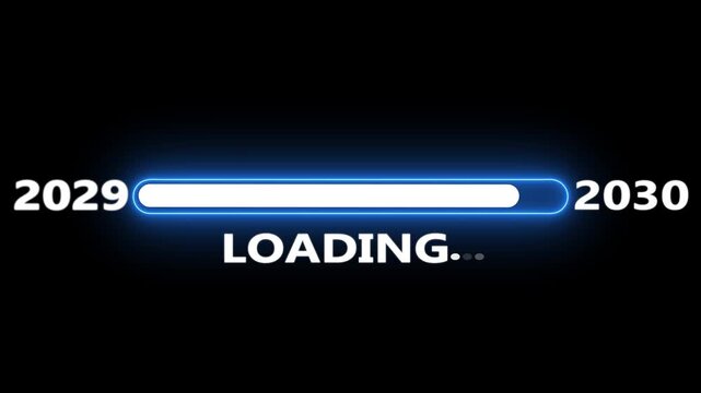 New year 2030 loading bar animation Year changing from 2029 to 2030. Loading bar from 2029 to 2030 new year transfer animation. Almost reaching New Year on black background.