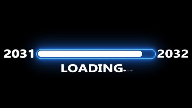 New year 2032 loading bar animation Year changing from 2031 to 2032. Loading bar from 2031 to 2032 new year transfer animation. Almost reaching New Year on black background.