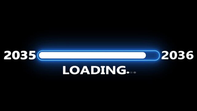New year 2036 loading bar animation Year changing from 2035 to 2036. Loading bar from 2035 to 2036 new year transfer animation. Almost reaching New Year on black background.