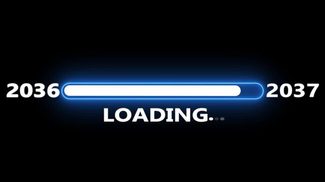 New year 2037 loading bar animation Year changing from 2036 to 2037. Loading bar from 2036 to 2037 new year transfer animation. Almost reaching New Year on black background.