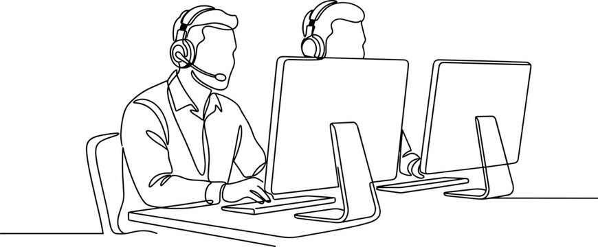 Continuous line drawing of customer support agents working at desks with computers and headsets.