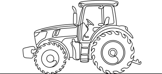 Black and white line drawing of a modern farm tractor for coloring. © Pionn