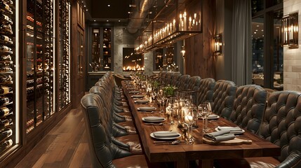 Obraz premium Luxurious Private Dining Room Featuring a Long Wooden Table, Tufted Leather Chairs, and a Modern Wine Cellar Wall in a Sophisticated Upscale Restaurant Interior with Warm Ambient Lighting and Decor