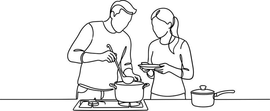 A young couple cooking together in the kitchen line art illustration.