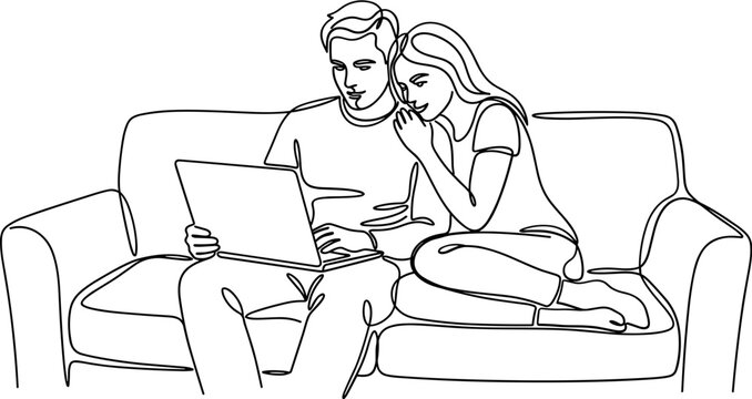 Continuous line drawing of a young couple sitting together on a sofa looking at a laptop.