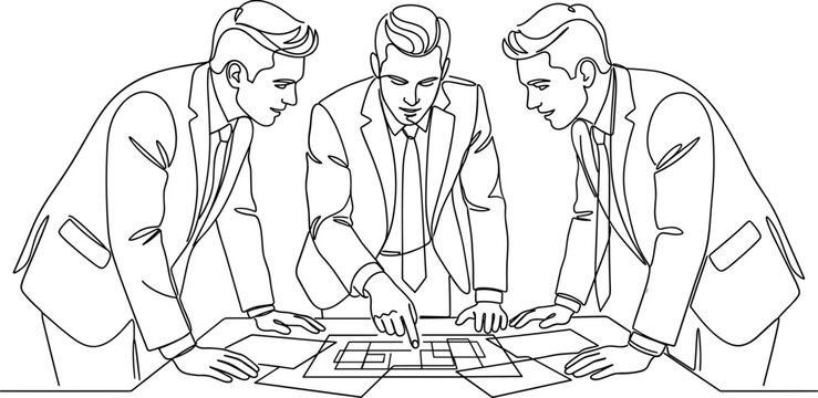 Three businessmen analyzing a blueprint document on a table.