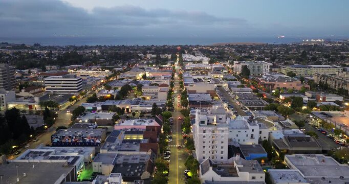 San Mateo California - Low Aerial View of Downtown San Mateo Facing East Towards the Bay at Evening