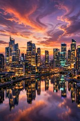 Obraz premium Dramatic sunset over a modern city skyline with skyscrapers reflecting in the river