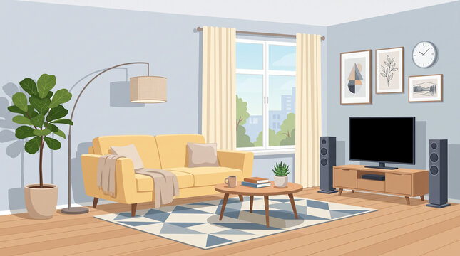 Flat vector illustration of a cozy modern living room interior. Yellow sofa, TV stand, potted plant, patterned rug, and window view. Bright, stylish domestic home space design.