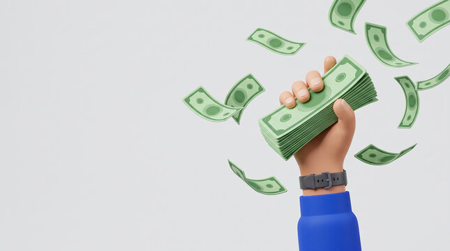 3D cartoon illustration of a hand wearing a blue sleeve holding a thick stack of green dollar bills while cash flies around. Financial success, lottery win, and business concept.