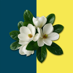 Naklejka premium Magnolia flowers with green leaves against a two tone colored background blossom petal flora botany plant foliage greenery white yellow teal color hue chroma tint